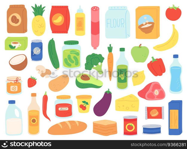 Food groceries. Shop products in bags and bottles. Supermarket snack, pasta and tomato can, milk and cereals. Grocery goods vector set. Illustration supermarket, sausage and bread, cheese and avocado. Food groceries. Shop products in bags and bottles. Supermarket snack, pasta and tomato can, milk and cereals. Grocery store goods vector set