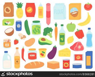 Food groceries. Shop products in bags and bottles. Supermarket snack, pasta and tomato can, milk and cereals. Grocery goods vector set. Illustration supermarket, sausage and bread, cheese and avocado. Food groceries. Shop products in bags and bottles. Supermarket snack, pasta and tomato can, milk and cereals. Grocery store goods vector set