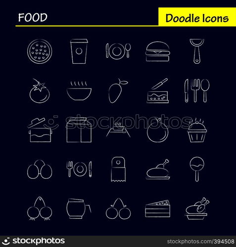 Food Hand Drawn Icons Set For Infographics, Mobile UX/UI Kit And Print Design. Include: Spice, Chili, Hot, Pepper, Cake, Sweet, Food, Meal, Collection Modern Infographic Logo and Pictogram. - Vector