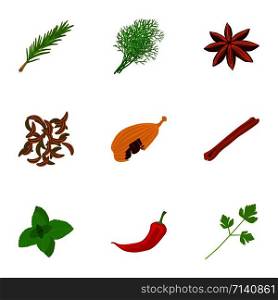 Food herb icons set. Cartoon set of 9 food herb vector icons for web isolated on white background. Food herb icons set, cartoon style