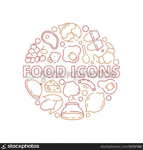 Food icon background. Colored circle shape kitchen menu fresh products fish chicken and vegetables fruits natural meal vector concept. Fresh food and linear nutrition product illustration. Food icon background. Colored circle shape kitchen menu fresh products fish chicken and vegetables fruits natural meal vector concept
