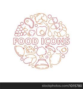 Food icon background. Colored circle shape kitchen menu fresh products fish chicken and vegetables fruits natural meal vector concept. Fresh food and linear nutrition product illustration. Food icon background. Colored circle shape kitchen menu fresh products fish chicken and vegetables fruits natural meal vector concept