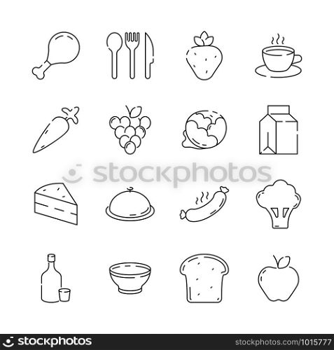 Food icon. Cuisine products menu and kitchen items vegetables fruits bread vector thin line pictures. Illustration of dinner food, cheese and tea, vegetable and nutrition. Food icon. Cuisine products menu and kitchen items vegetables fruits bread vector thin line pictures