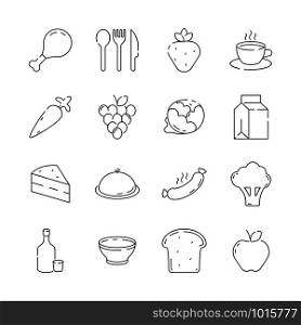 Food icon. Cuisine products menu and kitchen items vegetables fruits bread vector thin line pictures. Illustration of dinner food, cheese and tea, vegetable and nutrition. Food icon. Cuisine products menu and kitchen items vegetables fruits bread vector thin line pictures