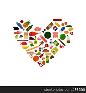 Food icons collection in heart shape isolated on white. Vector illustration. Food icons collection in heart shape