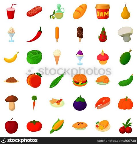 Food icons set. Cartoon style of 36 food vector icons for web isolated on white background. Food icons set, cartoon style
