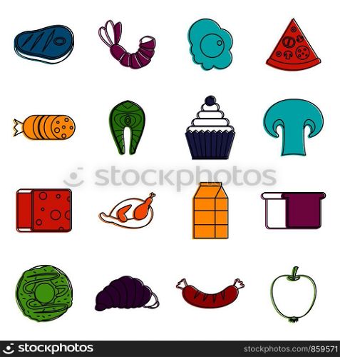 Food icons set. Doodle illustration of vector icons isolated on white background for any web design. Food icons doodle set