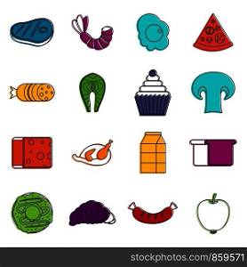 Food icons set. Doodle illustration of vector icons isolated on white background for any web design. Food icons doodle set