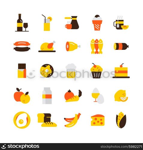 Food Icons Set . Food and drink icons set with meat chocolate and coffee flat isolated vector illustration