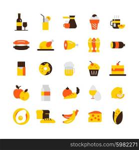 Food Icons Set . Food and drink icons set with meat chocolate and coffee flat isolated vector illustration