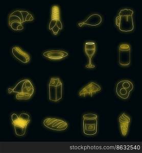 Food icons set in neon style. Fast food set collection vector illustration. Food icons set vector neon