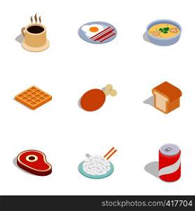 Food icons set. Isometric 3d illustration of 9 food vector icons for web. Food icons, isometric 3d style