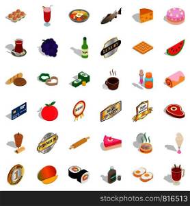 Food icons set. Isometric style of 36 food vector icons for web isolated on white background. Food icons set, isometric style