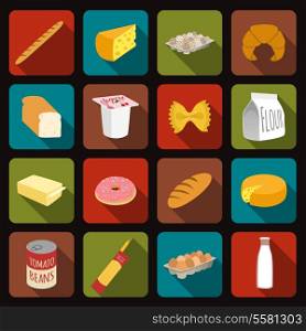 Food icons set of bread milk bottle egg box flour pack isolated vector illustration