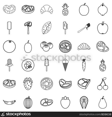 Food icons set. Outline style of 36 food vector icons for web isolated on white background. Food icons set, outline style