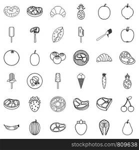 Food icons set. Outline style of 36 food vector icons for web isolated on white background. Food icons set, outline style