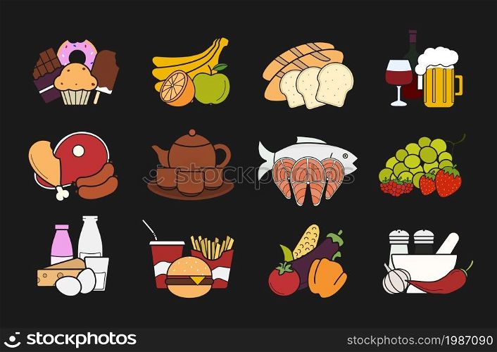 Food icons set. Sweets, fruits, bake, alcohol drinks, meat products, tea cups and teapot, fish, berries, dairy products, fast food, vegetables, spices. Nutrition illustrations isolated on black. Food icons set