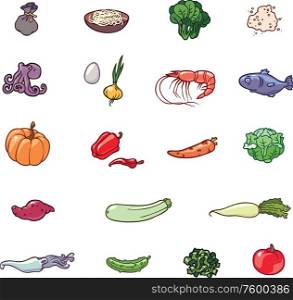 Food Icons. The set of the food products illustrations. There are the vegetables, the sea food, the noodles and the others.