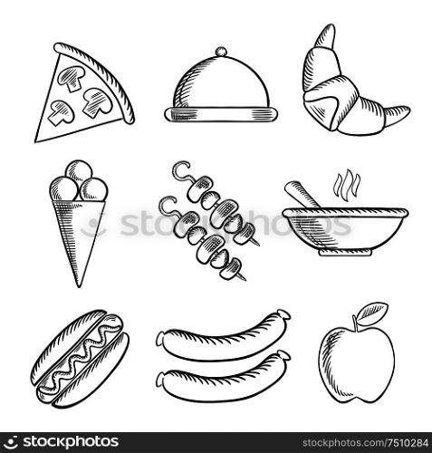 Food icons with a slice of pizza, dome, apple, ice cream cone, kebabs, hot dog, sausages, a croissant and a bowl of hot food. Sketch style icons. Food icons set in sketch style