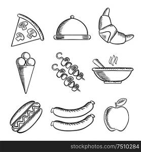 Food icons with a slice of pizza, dome, apple, ice cream cone, kebabs, hot dog, sausages, a croissant and a bowl of hot food. Sketch style icons. Food icons set in sketch style