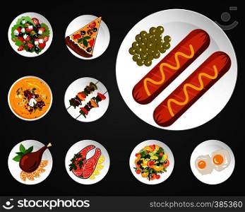 Food illustrations set, colored pictures with food on plates on black background. Food illustrations set