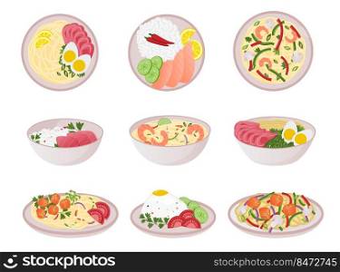 Food in bowl. Asian cartoon noodle, rice and spicy meal, traditional Japanese and Chinese food. Vector set bowl foods image tasty salad. Food in bowl. Asian cartoon noodle, rice and spicy meal, traditional Japanese and Chinese food. Vector set