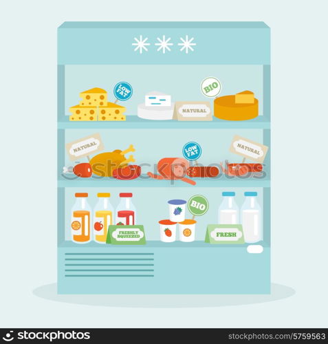 Food in fridge collection with meat cheese beverages flat vector illustration. Food In Fridge Collection