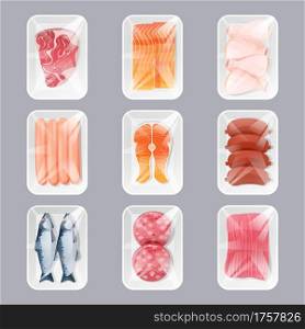 Food in plastic packages for store retail, fresh fish, minced meat and chicken legs, sausages, raw salmon steak or fillet. Isolated products design elements top view, Cartoon vector illustration, set. Food in plastic packages products for store retail