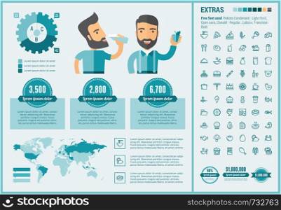 Food infographic template and elements. The template includes illustrations of hipster men and huge awesome set of thin line icons. Modern minimalistic flat vector design.. Food flat design Infographic Template