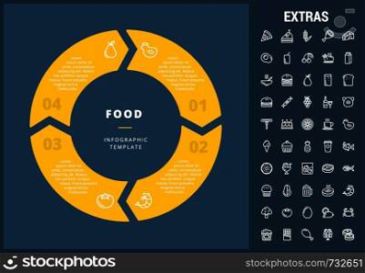 Food infographic template, elements and icons. Infograph includes customizable circular diagram, line icon set with food ingredients, restaurant meal, fruit and vegetables, sweet snacks, fast food etc. Food infographic template, elements and icons.
