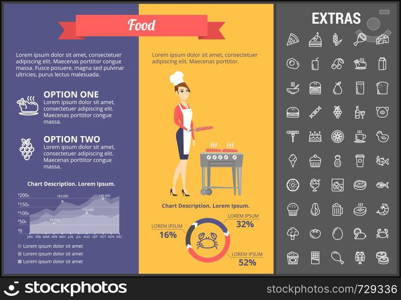 Food infographic template, elements and icons. Infograph includes customizable graphs, charts, line icon set with food ingredients, restaurant meal, fruit and vegetables, sweet snacks, fast food etc.. Food infographic template, elements and icons.