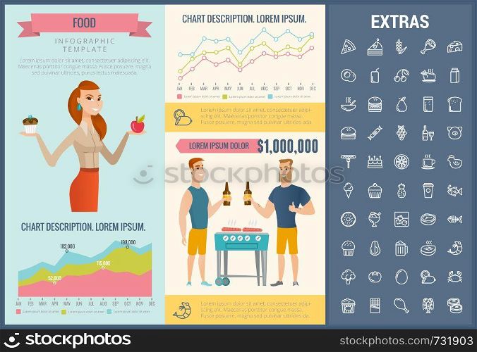 Food infographic template, elements and icons. Infograph includes customizable graphs, charts, line icon set with food ingredients, restaurant meal, fruit and vegetables, sweet snacks, fast food etc.. Food infographic template, elements and icons.