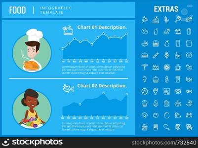 Food infographic template, elements and icons. Infograph includes customizable graphs, charts, line icon set with food ingredients, restaurant meal, fruit and vegetables, sweet snacks, fast food etc.. Food infographic template, elements and icons.
