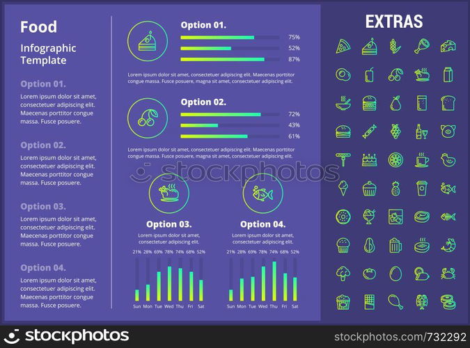 Food infographic template, elements and icons. Infograph includes customizable graphs, four options, line icon set with food ingredients, restaurant meal, fruit and vegetables, snacks, fast food etc.. Food infographic template, elements and icons.