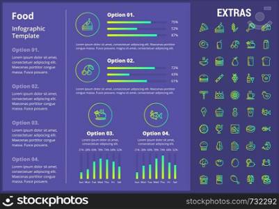 Food infographic template, elements and icons. Infograph includes customizable graphs, four options, line icon set with food ingredients, restaurant meal, fruit and vegetables, snacks, fast food etc.. Food infographic template, elements and icons.