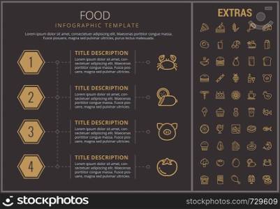 Food infographic timeline template, elements and icons. Infograph includes numbered options, line icon set with food ingredients, restaurant meal, fruit and vegetables, sweet snacks, fast food etc.. Food infographic template, elements and icons.