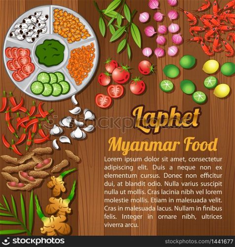 food ingredients elements set banner on wooden background,Myanmar,vector illustration