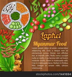 food ingredients elements set banner on wooden background,Myanmar,vector illustration