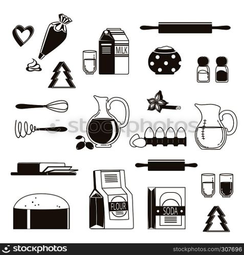 Food ingredients for baking and cooking. Monochrome vector illustration isolate on white. Ingredient icon to cooking baking, flour and sugar. Food ingredients for baking and cooking. Monochrome vector illustration isolate on white