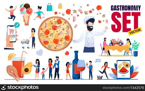 Food Ingredients Gastronomy Set Vector. Raw, Fastfood, Sweets, Meat Products Design. Diet Menu, Proper Nutrition. Cartoon Happy People Characters. Phone Application for Order Meal. Flat Illustration. People and Food Ingredients Gastronomy Set Vector