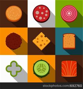 Food ingredients icons set. Flat set of 9 food ingredients vector icons for web with long shadow. Food ingredients icons set, flat style