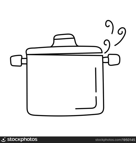Food is boiling in a saucepan. Black and white sketch. Hand drawn doodle vector illustration.