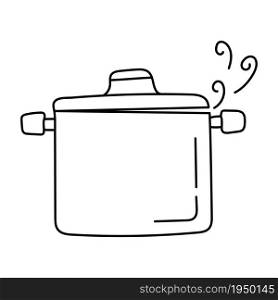 Food is boiling in a saucepan. Black and white sketch. Hand drawn doodle vector illustration.