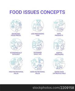Food issues blue gradient concept icons set. Preserve products. Processing technology idea thin line color illustrations. Isolated symbols. Editable stroke. Roboto-Medium, Myriad Pro-Bold fonts used. Food issues blue gradient concept icons set