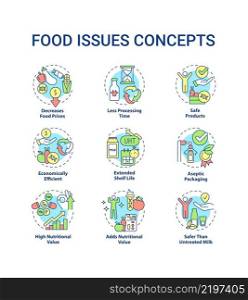 Food issues concept icons set. Preserve products. Shelf time. Processing technology idea thin line color illustrations. Isolated symbols. Editable stroke. Roboto-Medium, Myriad Pro-Bold fonts used. Food issues concept icons set