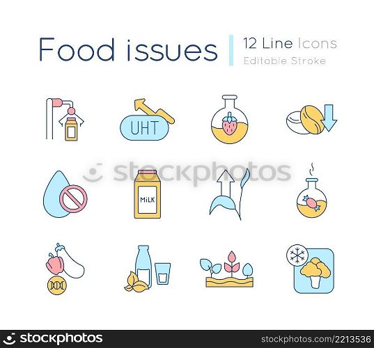 Food issues RGB color icons set. Processing methods. Food preservation. Isolated vector illustrations. Simple filled line drawings collection. Editable stroke. Quicksand-Light font used. Food issues RGB color icons set