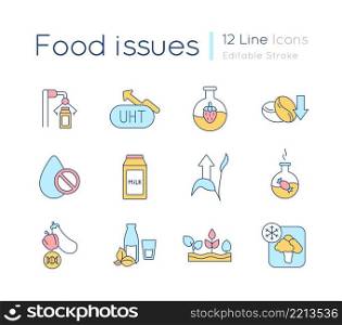 Food issues RGB color icons set. Processing methods. Food preservation. Isolated vector illustrations. Simple filled line drawings collection. Editable stroke. Quicksand-Light font used. Food issues RGB color icons set