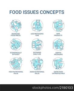 Food issues turquoise concept icons set. Preserve products. Processing technology idea thin line color illustrations. Isolated symbols. Editable stroke. Roboto-Medium, Myriad Pro-Bold fonts used. Food issues turquoise concept icons set