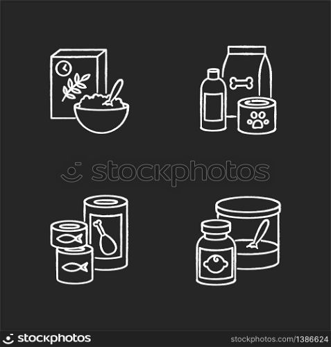 Food items chalk white icons set on black background. Cereal in bowl for breakfast. Pet care products. Shampoo for dogs. Domestic animal food. Isolated vector chalkboard illustrations. Food items chalk white icons set on black background