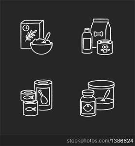 Food items chalk white icons set on black background. Cereal in bowl for breakfast. Pet care products. Shampoo for dogs. Domestic animal food. Isolated vector chalkboard illustrations. Food items chalk white icons set on black background